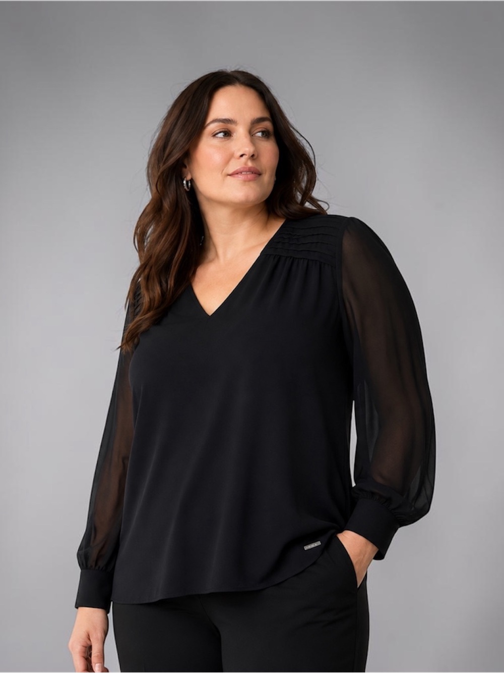 Calvin Klein Black V-Neck Pleated-Shoulder Sheer Sleeves Women’s Size XL